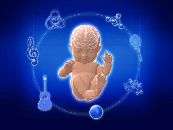 Baby lächelnd mit dem Lernsymbol um den Körper herum .3d Rendering. — Stockfoto