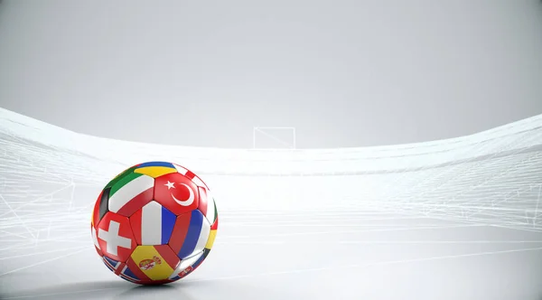 Balls with Europe countries European flags with outline stadium .3D rendering