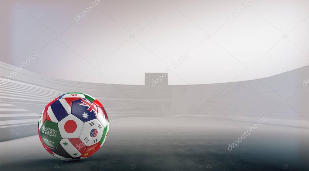 soccer ball with flags of the Asia countries with stadium .3D rendering