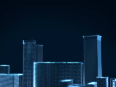3D render şehir x-ray mavi koyu arka plan üzerinde şeffaf.
