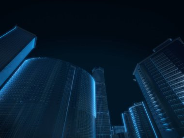 3D render şehir x-ray mavi koyu arka plan üzerinde şeffaf.