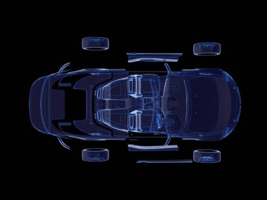 Demonte araba x-ray mavi Wireframe.3d rendering ile şeffaf