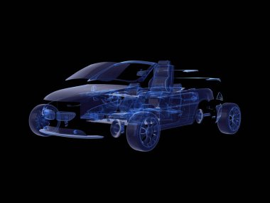 Demonte araba x-ray mavi Wireframe.3d rendering ile şeffaf