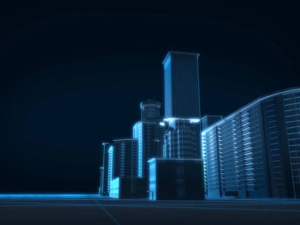 3D render of city x-ray blue transparent on dark background.
