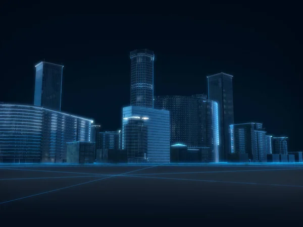 3D render of city x-ray blue transparent on dark background.
