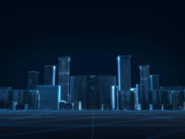 3D render of city x-ray blue transparent on dark background.