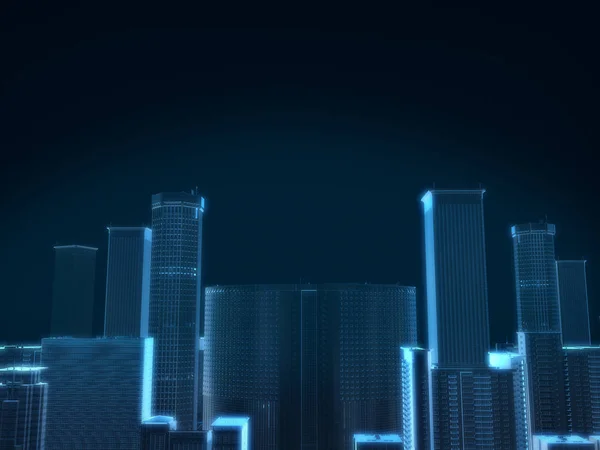3D render of city x-ray blue transparent on dark background.