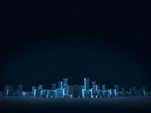 3D render of city x-ray blue transparent on dark background.