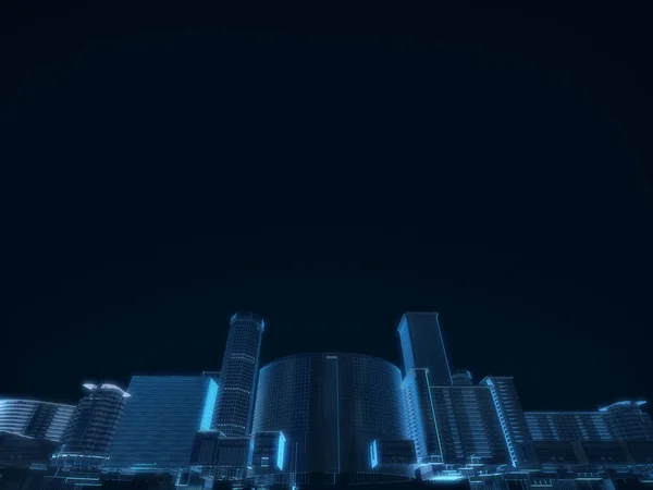 3D render of city x-ray blue transparent on dark background.