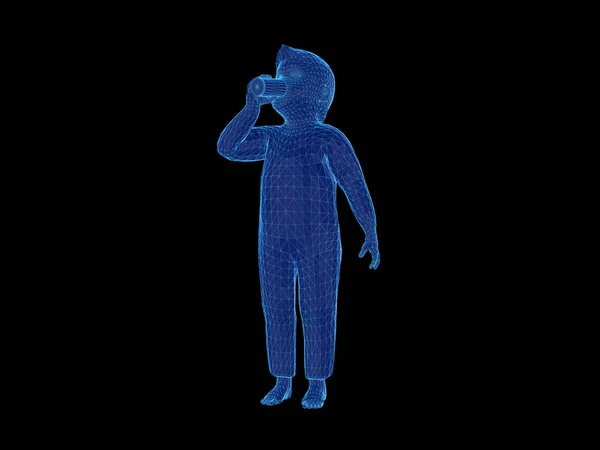 Trådram av modellen för pojken dricka milk.3d rendering — Stockfoto