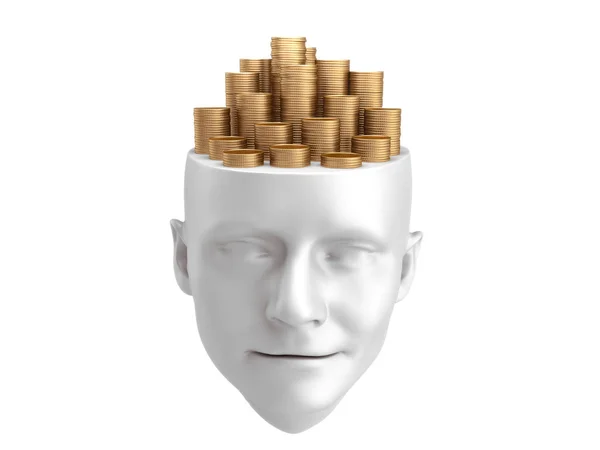 Moedas de ouro na cabeça humana sculpture.3drendering — Fotografia de Stock