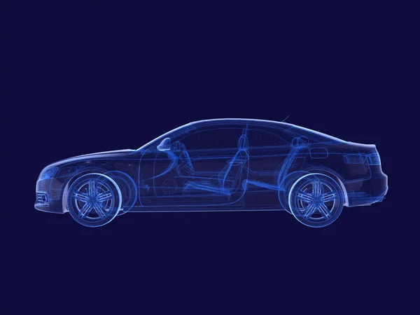 X-ray niebieski samochód na renderowanie ciemny background.3d — Zdjęcie stockowe