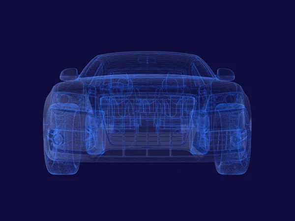 X-ray niebieski samochód na renderowanie ciemny background.3d — Zdjęcie stockowe
