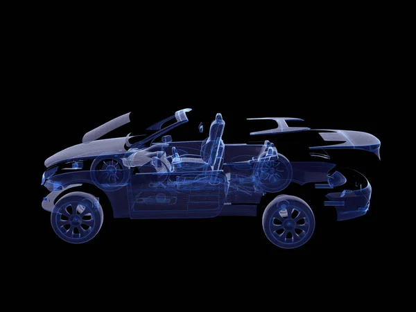 Voiture démontée X-ray bleu transparent avec Wireframe.3D rendu — Photo