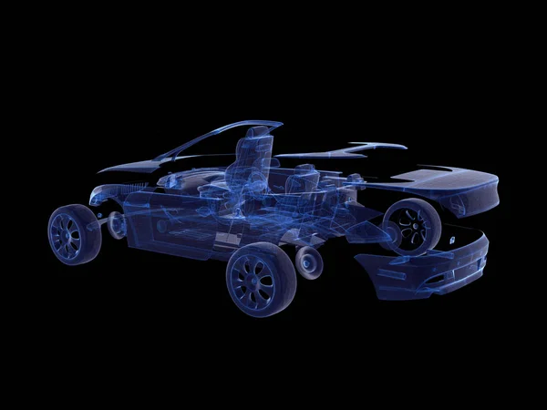 Auto smontata a raggi X blu trasparente con rendering Wireframe.3D — Foto Stock