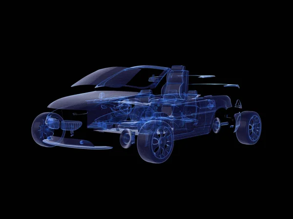 Розкладений автомобіль рентгенівського синього прозорого кольору з 3D рендерингом — стокове фото