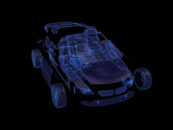 Zdemontowanych samochodów x-ray niebieski przezroczysty z Wireframe.3d renderowania — Zdjęcie stockowe