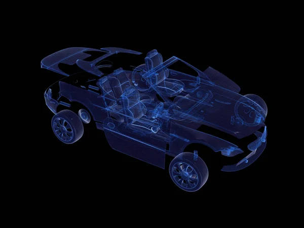 Rozebrané auto rentgenové modrá transparentní s Wireframe.3d vykreslování — Stock fotografie