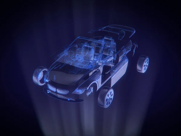 Gedemonteerde auto in Hologram Wireframe stijl .3d weergave — Stockfoto