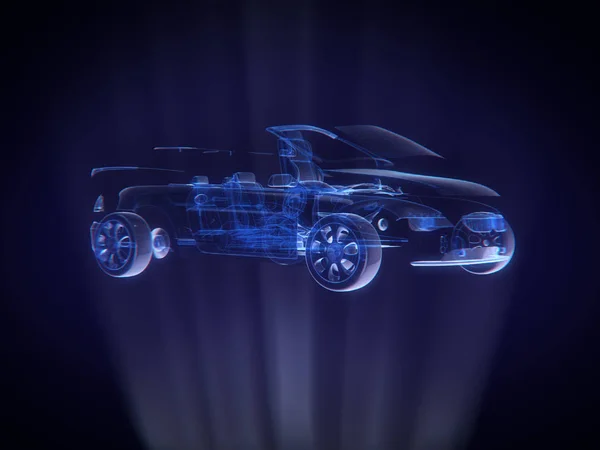 Purkautunut auto hologrammissa Wireframe Style .3D renderöinti — kuvapankkivalokuva