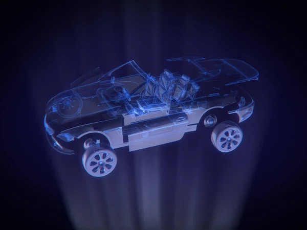 Disassembled car  in Hologram Wireframe Style .3D rendering — Stock Photo, Image