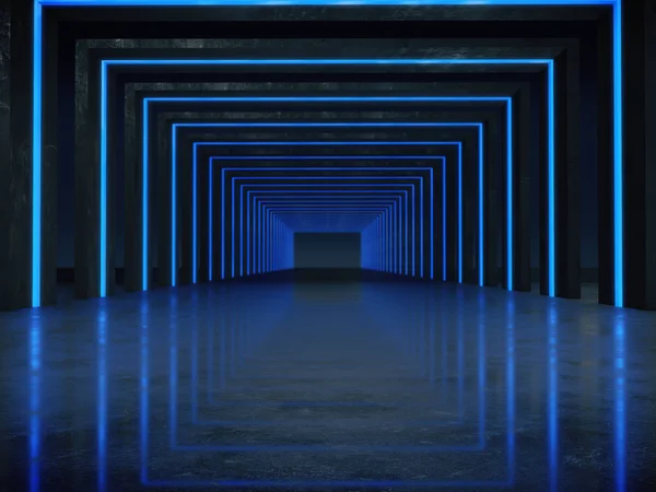 Lång Mörk Korridor Interiör Med Futuristiskt Ljus Konvertering — Stockfoto