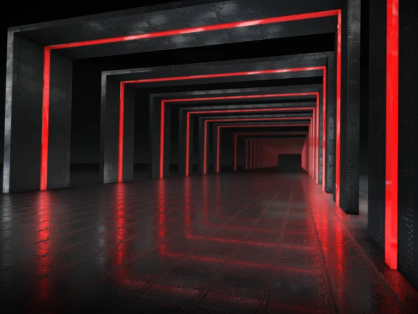 Interior Longo Corredor Escuro Com Luz Futurista Renderização — Fotografia de Stock