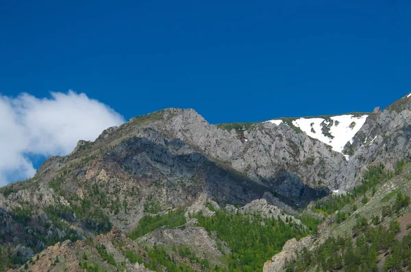 Gün batımı ve mavi gökyüzü ile yaz karla kaplı dağlar