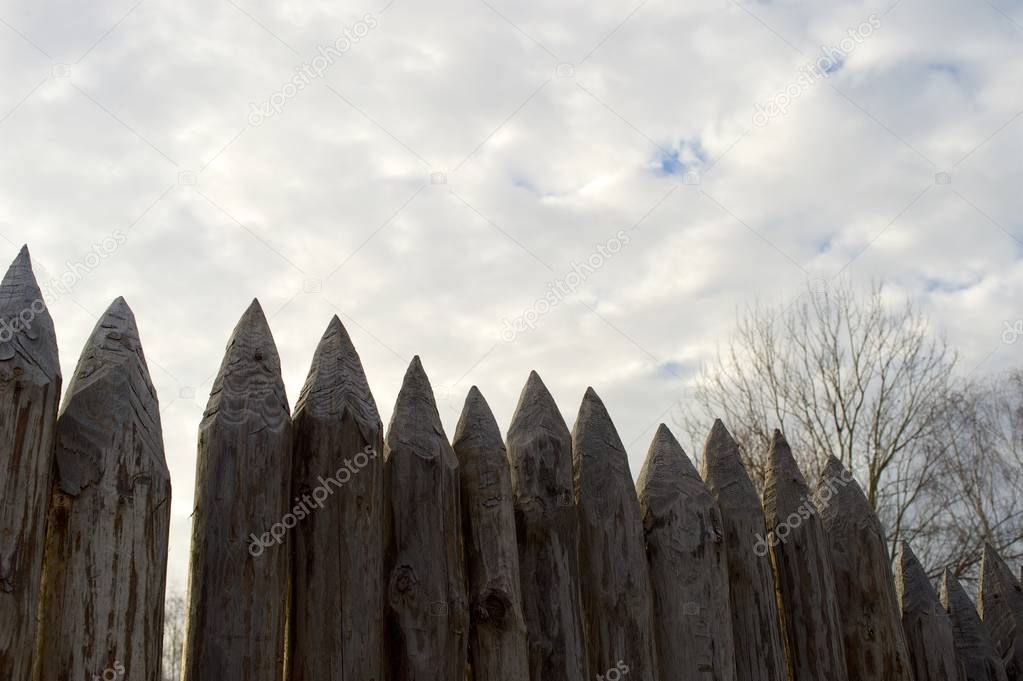 Wooden stakes on a background autumn forest