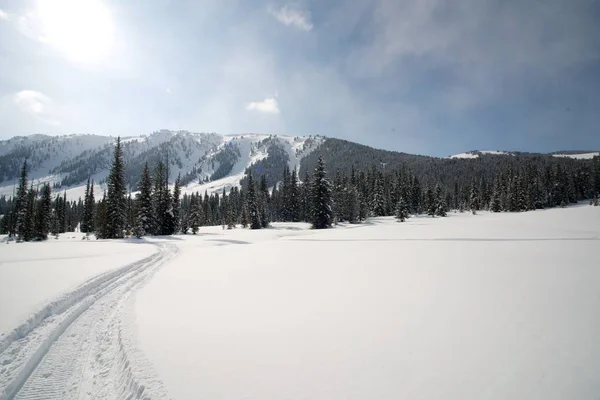 山と青い空と雪の上をスノーモービル トラック マーク — ストック写真
