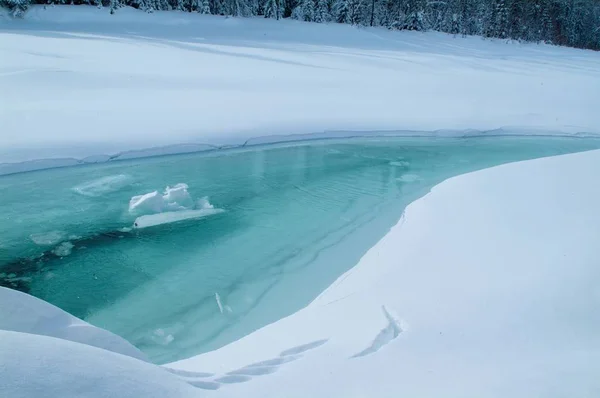 Bellissimo paesaggio invernale innevato con fiume ghiacciato e cielo blu — Foto Stock