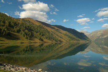 Güzel bir mavi gökyüzü ve kabarık bulutlar ile göle yansıyan simetrik dağlar