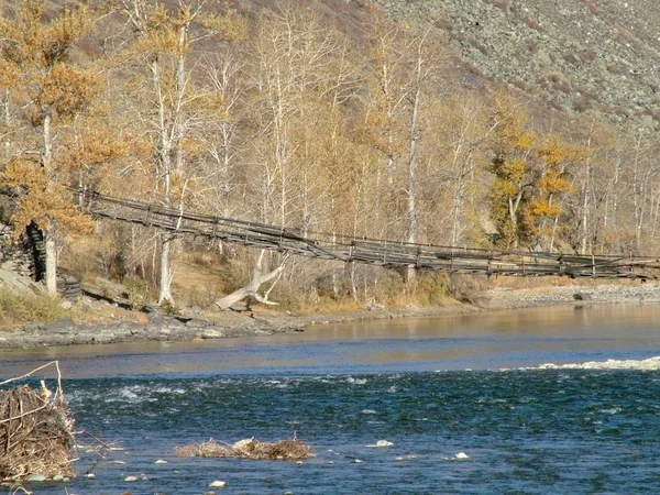 산에 강 오래 된 목조 다리 — 스톡 사진