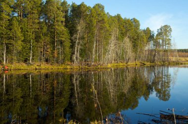 Güzel bir mavi gökyüzü ve kabarık bulutlar ile göle yansıyan simetrik dağlar