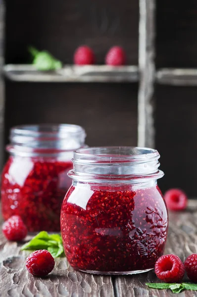 Homemade jam with raspberry on the wooden table — Stock Photo, Image