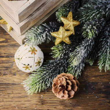 Noel kartı ahşap arka plan, seçici odak ve kare görüntü kavramı