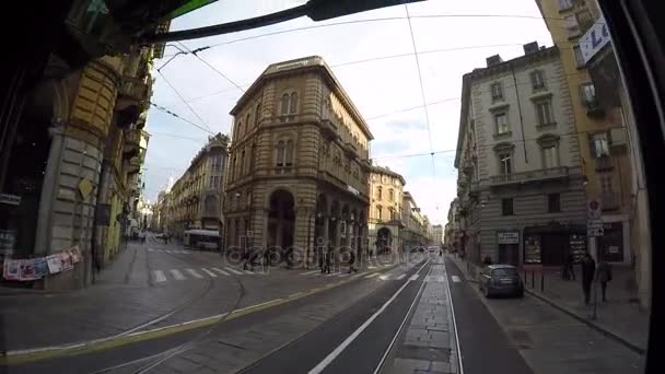 Kijk Uit Tram Raam Bij Torino Straten — Stockvideo