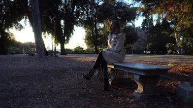 Gün batımında sonbahar Park taş bankta oturan kadın