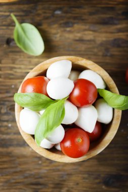 Mozzarella peyniri, domates ve fesleğen ile İtalyan meze Üstten Görünüm