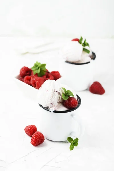 Sweet Summer Ice Cream Raspberry White Stone Background Selective Focus — Stock Photo, Image