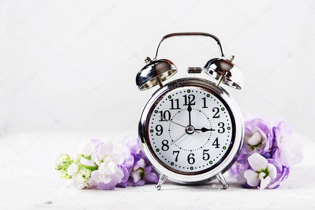 Spring Time Change, Spring flowers and Alarm Clock.