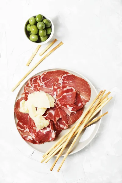 Top View Delicious Appetizer Bread Sticks Ham — Stock Photo, Image