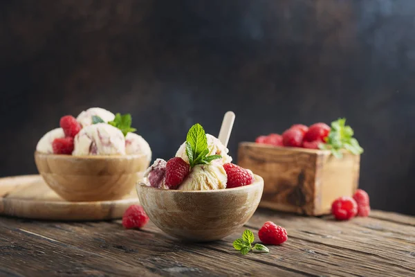 Summer ice cream with raspberry — Stok fotoğraf