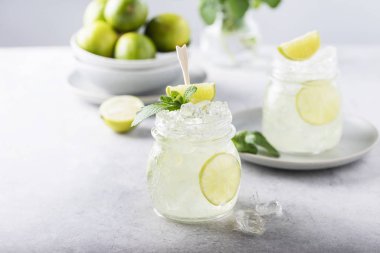 Limonlu, naneli ve buzlu mojito kokteyli, seçici odaklı resim