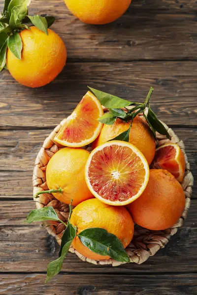Sweet Red Oranges Sicily Basket Rustic Style Selective Focus — Stock Photo, Image