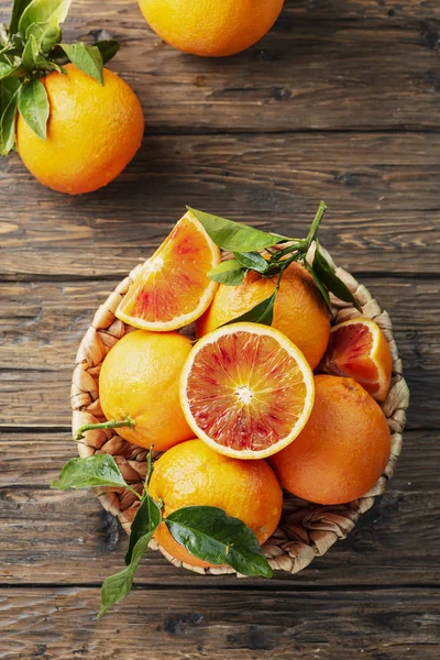 Sweet Red Oranges Sicily Basket Rustic Style Selective Focus — Stock Photo, Image