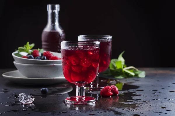 Glasses Red Berry Juice Black Table Selective Focus — Stockfoto