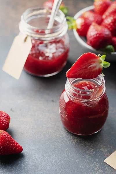 Sweet Homemade Strawberry Jam Rustic Black Background — Stock Photo, Image