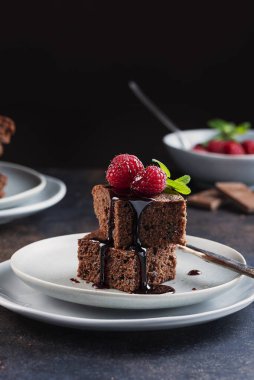 Karamelli çikolatalı pasta, ahududu ve naneli, seçici odaklı resim