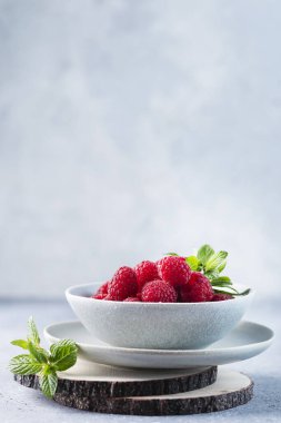 Taze ahududu ile vejetaryen yemeği kavramı, minimum stil ve seçici odaklanma